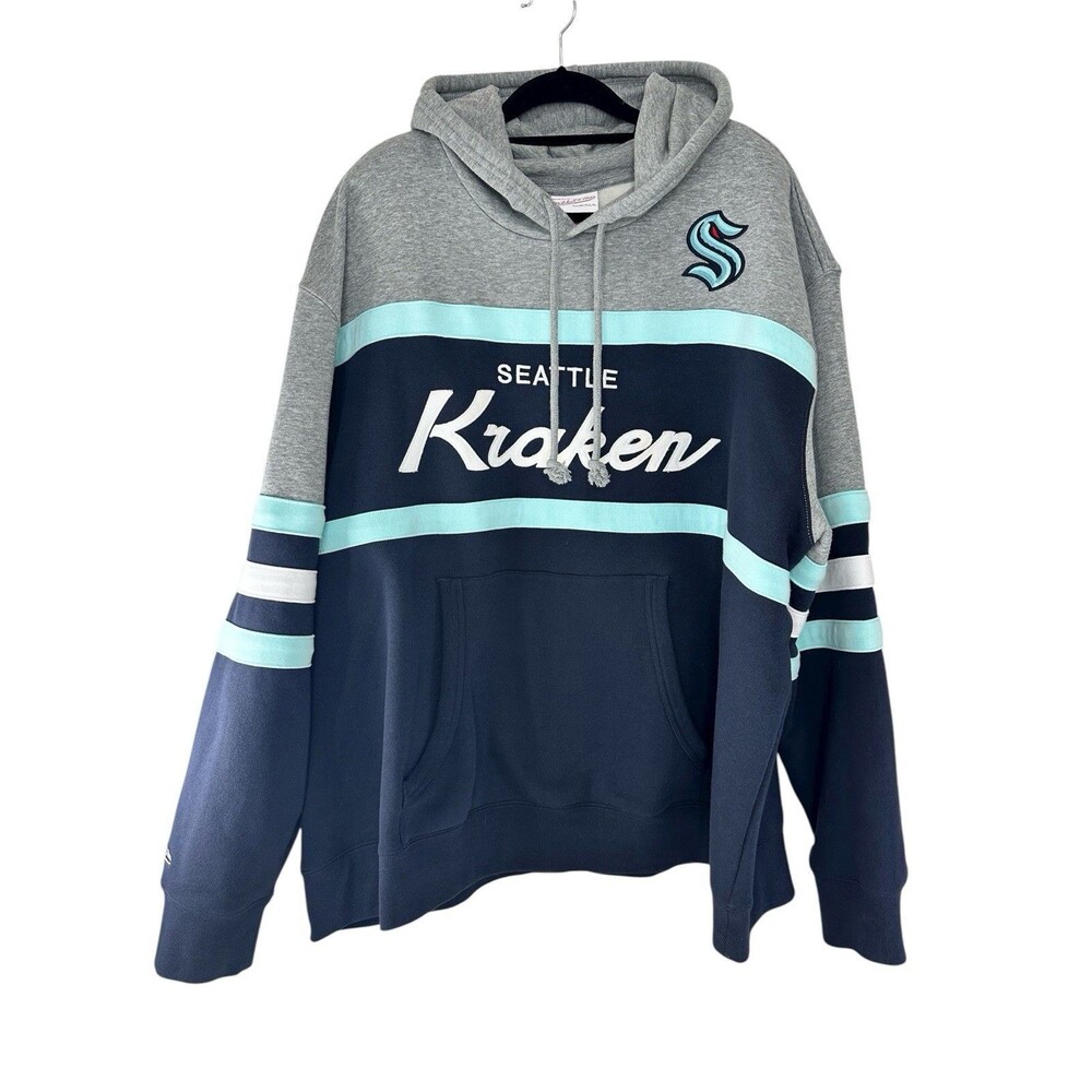 Mitchell & Ness Seattle Kraken Hoodie Mens 5XL NHL Pullover Sweatshirt Gray Navy